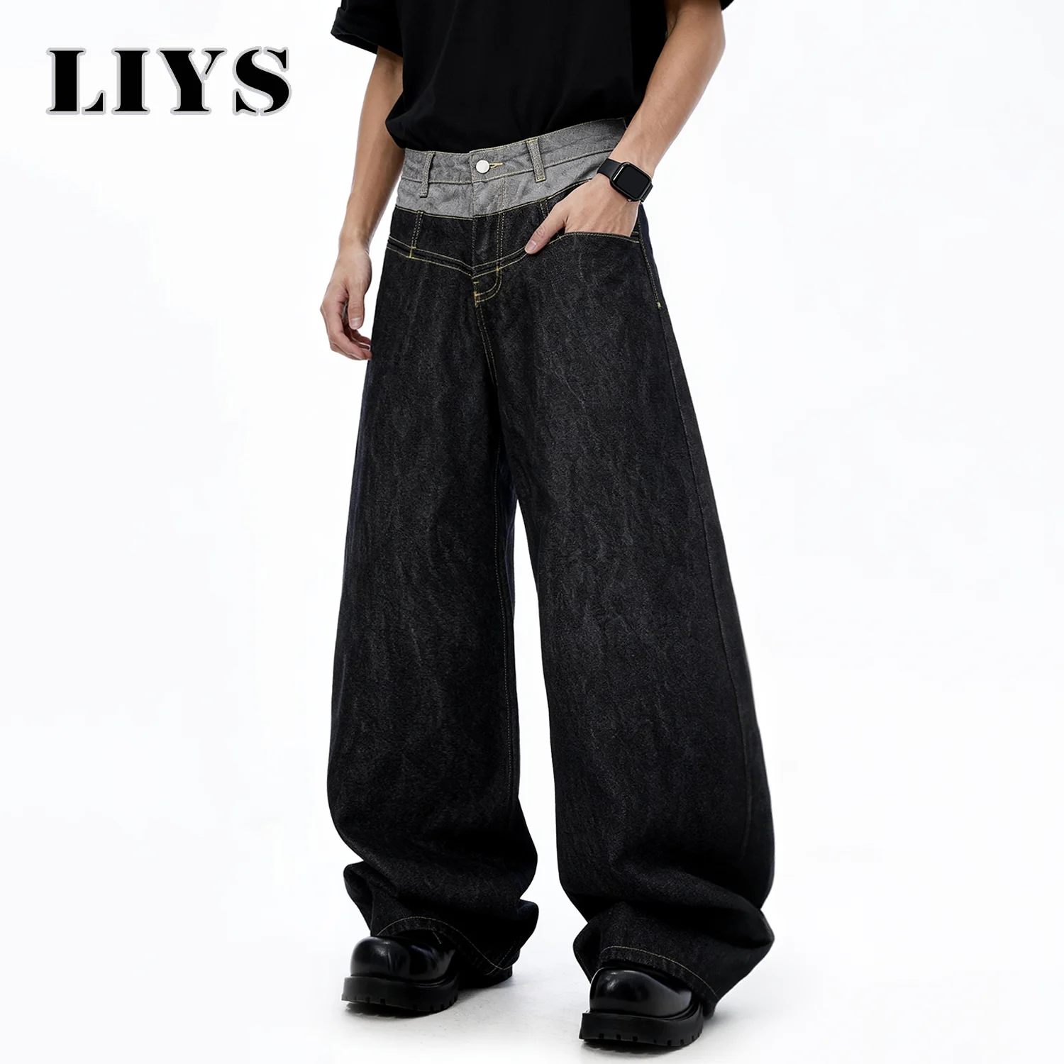 LIYS Men's Retro Double Waist Design Baggy Wide Leg Jeans Street Design Denim Pants Gothic Loose Machete Wide Leg Jean Unisex