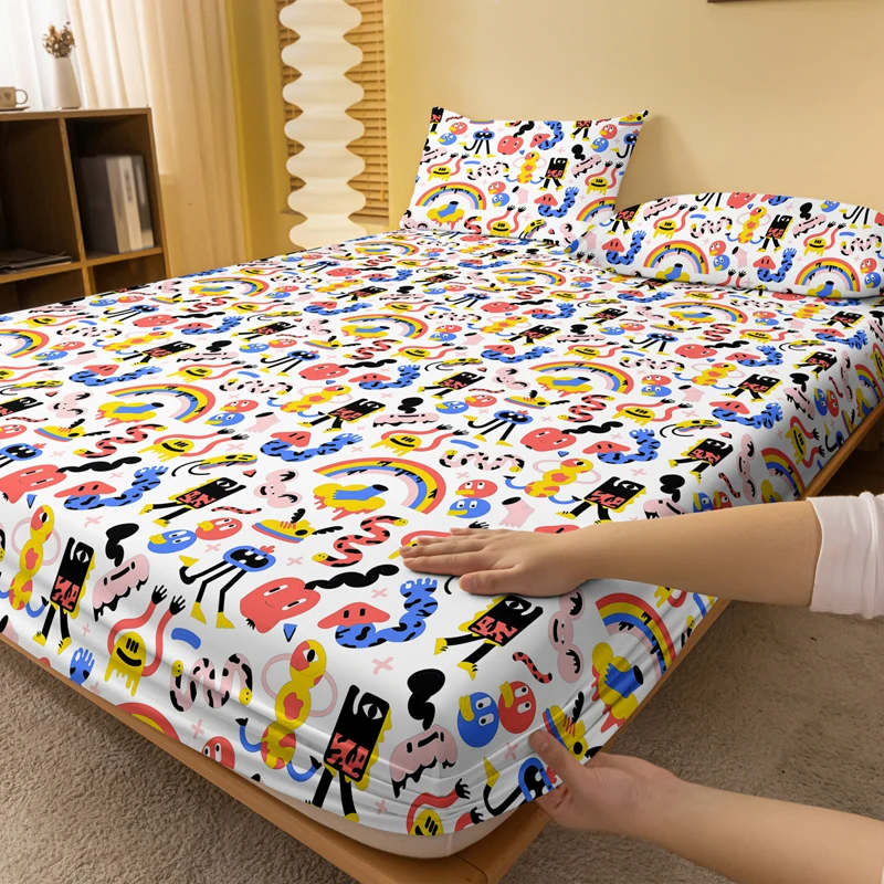 1 Cartoon Fun Animal Printed Matte Fitted Sheet, Bedroom Printed Bed Cover, Bedding (Excluding Pillowcases)