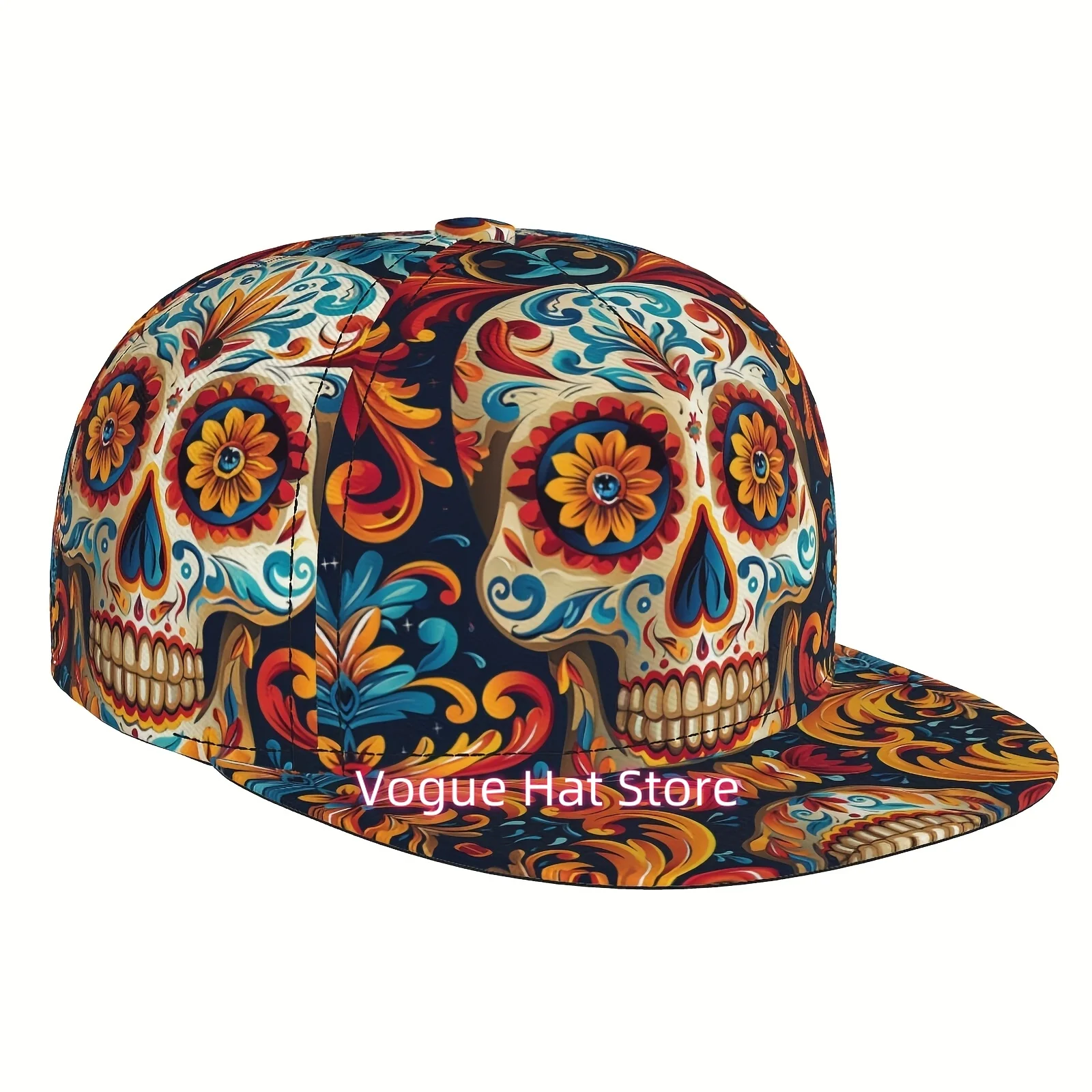 Adjustable Snapback Trucker Hat with a Colorful Floral Print Featuring a Neutral Gothic Candy Skull Design