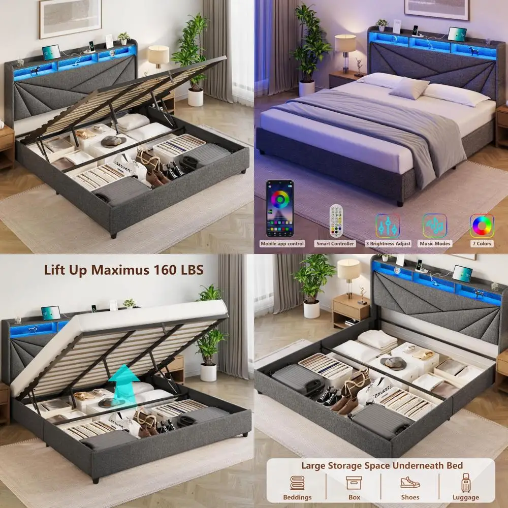 King Size Bed Frame with Storage, Lift Up Upholstered King Bed Frame with Charging Station and LED Lights Headboard, No Box Spri