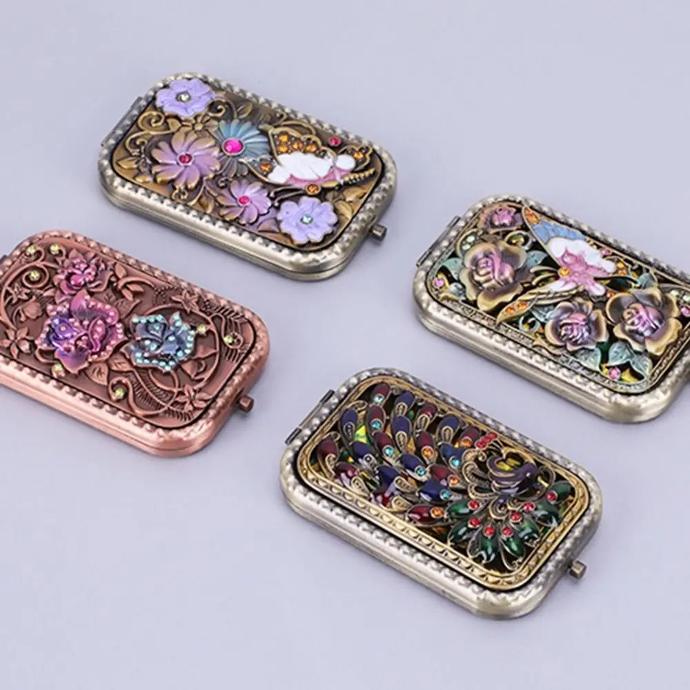 Espelho de maquiagem portátil vintage, Pavão Retro Espelho Compacto Pocket, Metal Rhinestone Cosméticos Espelho Dobrável, Beleza