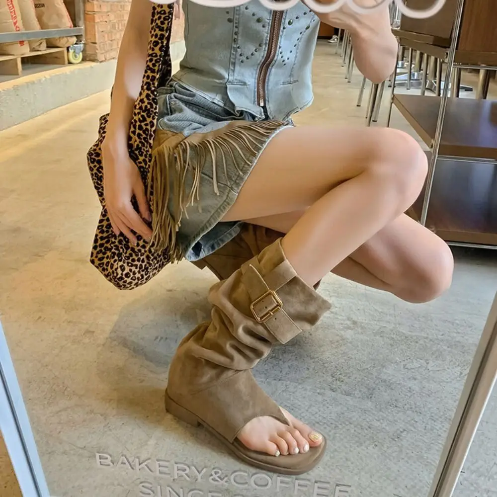 

Fashion Designer Women's Sandals Boots Gothic Y2k Open Clip Toe Boots Suede Belt Buckle Knee High Booties Shoes