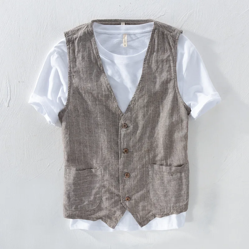 2023 Spring  Autumn New Linen Gentleman Vest Fashion Simple Stripe Slim Fit Coat Button placket Pocket Versatile V-neck Cardigan