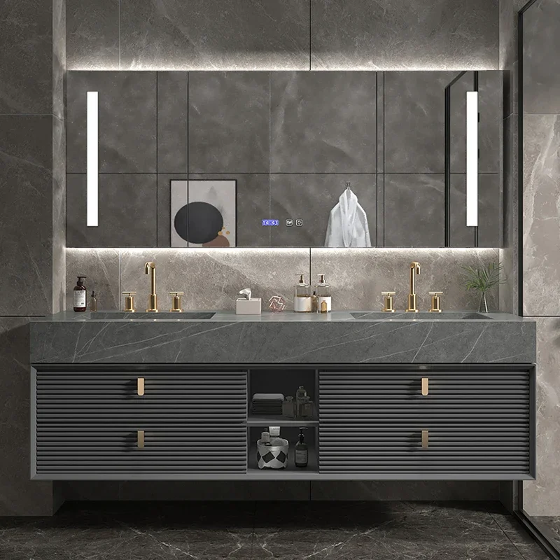 Light Luxury Modern Slate Kit Bathroom Mirror Lamp Cabinet Sink Faucet One-piece Double Basin Oak Combination Solid Wood Wash