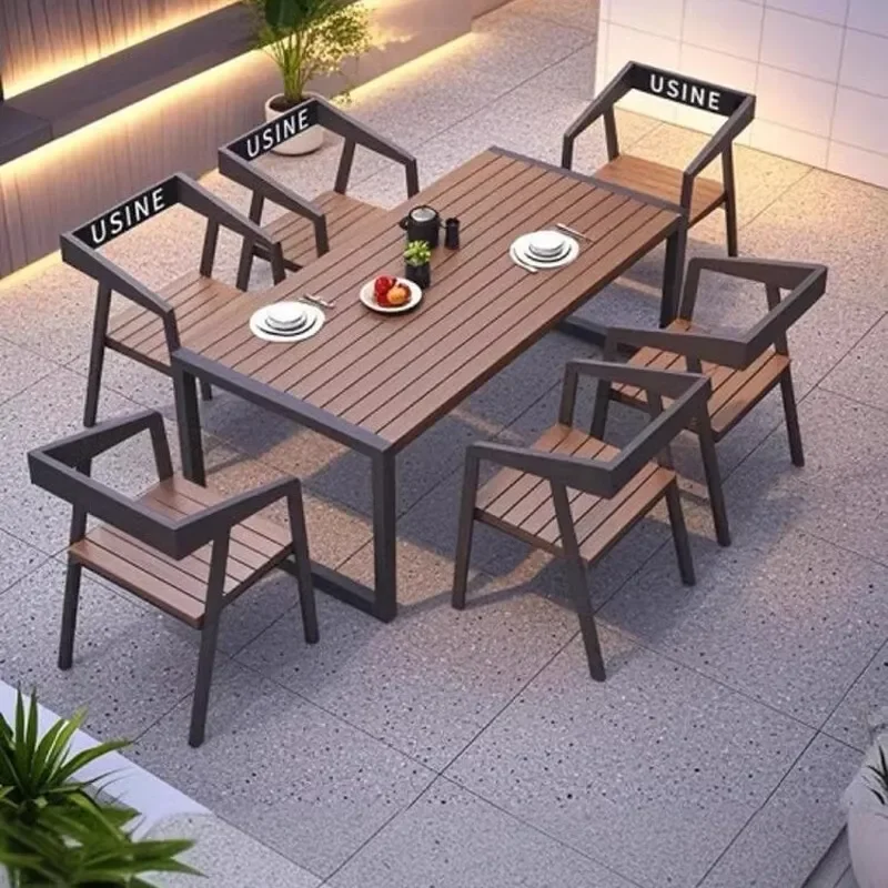 Outdoor Wrought Iron Patio Dining Set Waterproof Sunproof Plastic Wood Table and Chairs for Courtyard Park Balcony BBQ