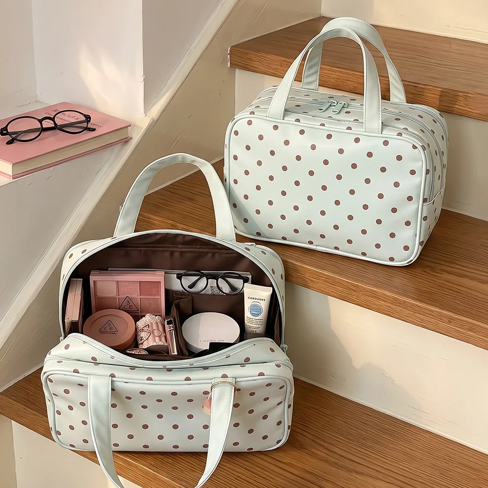 Polka Dot Handheld Makeup Bag for Women, 3-Compartment Large Capacity Travel Toiletry Organizer, Multi-Functional  Trip Pouch