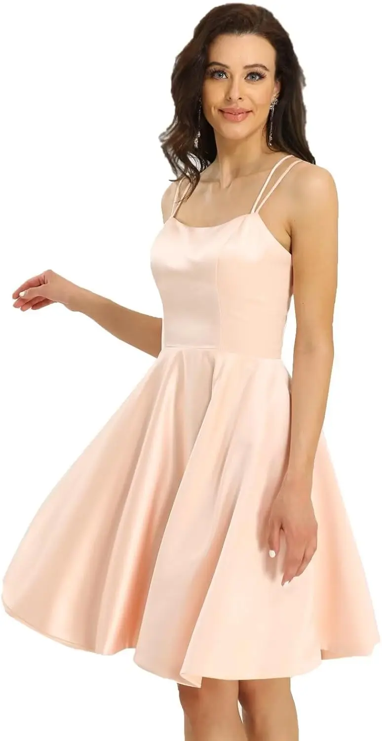 Teenager-Kleid für den Schulanfang, knielang, dünner Schultergurt und Tasche, rückenfreies Ballkleid aus Satin, formelles Abendkleid, kurz