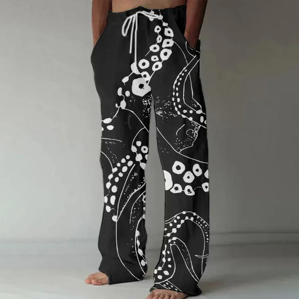 

Two Tone Contrast men's Casual Pants With Flower Print Wide Leg Pants American Soft Linen Pants Pocket Pants Street Wear