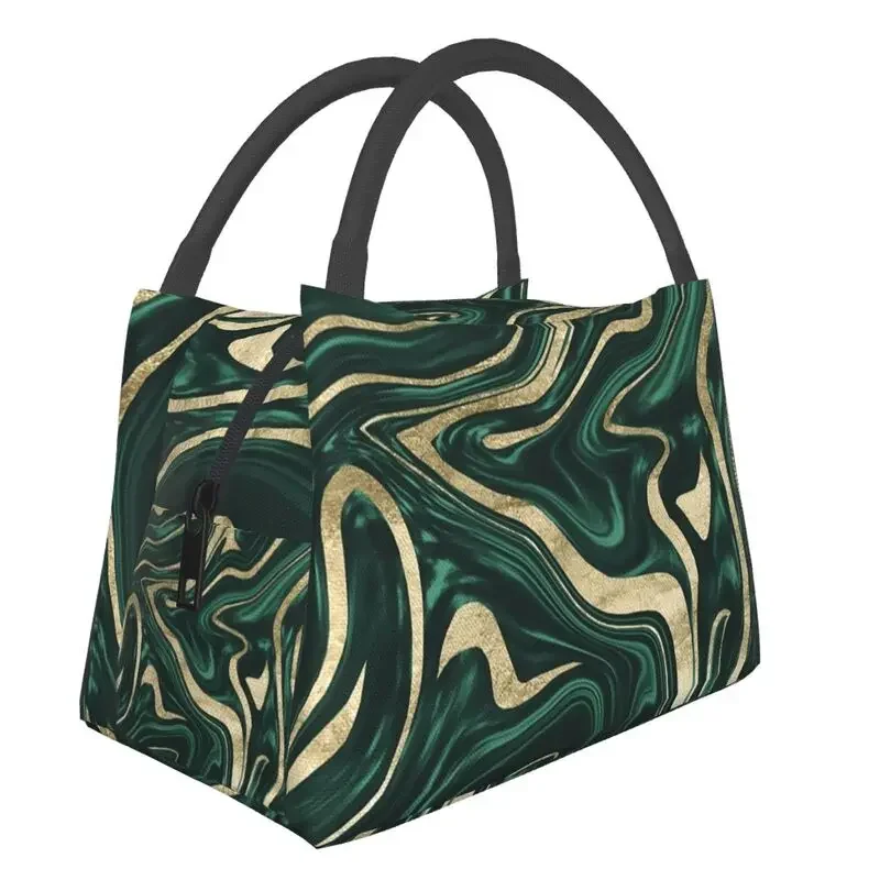 

Emerald Green Black Gold Marble Thermal Insulated Lunch Bag Women Resuable Container Camping Travel Storage Meal Food Box