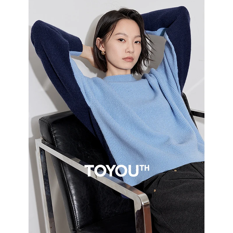 TOYOUTH Women Knitted Sweater 2024 Autumn Winter Round Neck Contrasting Color Thicking Warm Woolen Pullover Tops Blue