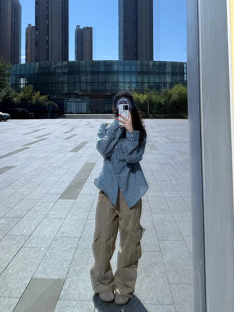 قميص كاروهات أزرق فضفاض للنساء، موديل خريف 2025 الجديد، أسلوب كوري كسول، متعدد الاستخدامات، يظهر الشباب، قميص وجاكيت للارتداء...