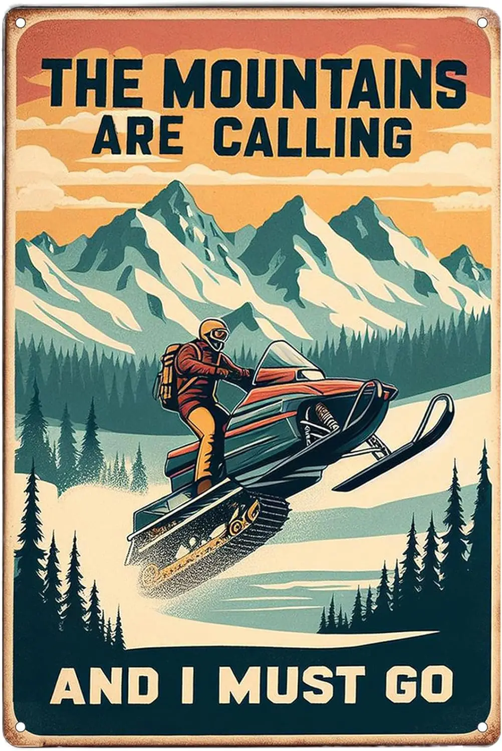 Snowmobile Race Poster Vintage Metal Signs Wall Art Racing Decor The Mountains Are Calling And I Must Go Retro Tin Sign Motorcyc