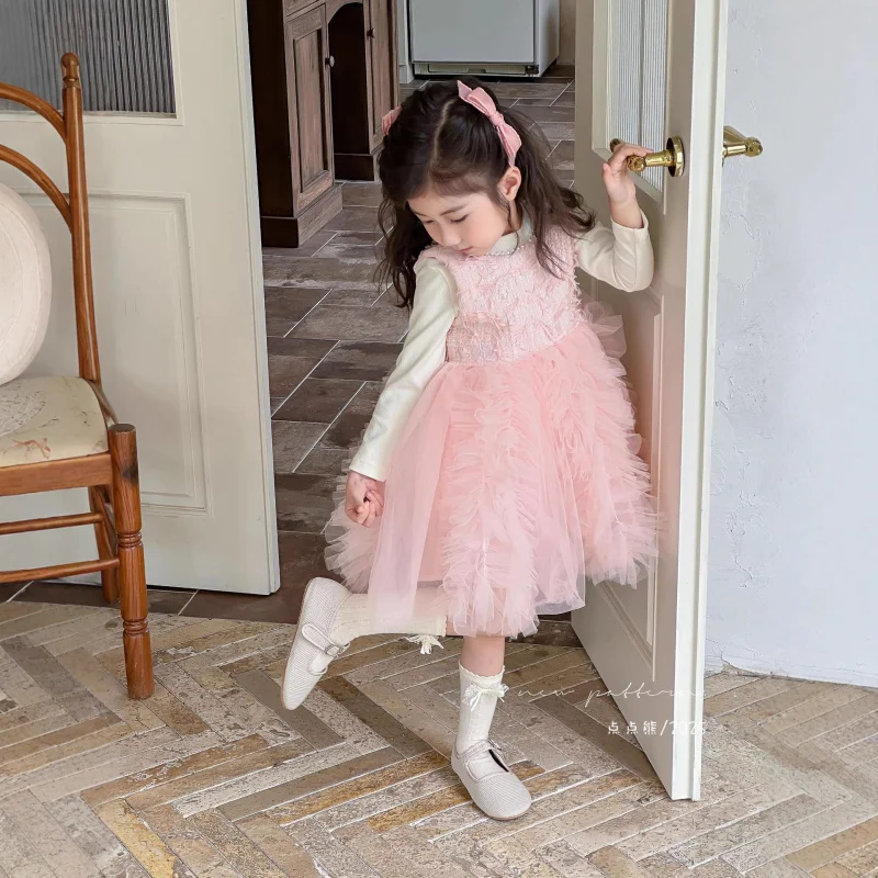 

Girls' Dress2025Autumn French Princess Dress Pink Mesh SkirttutuTrendy Two-Piece Tank Dress Set