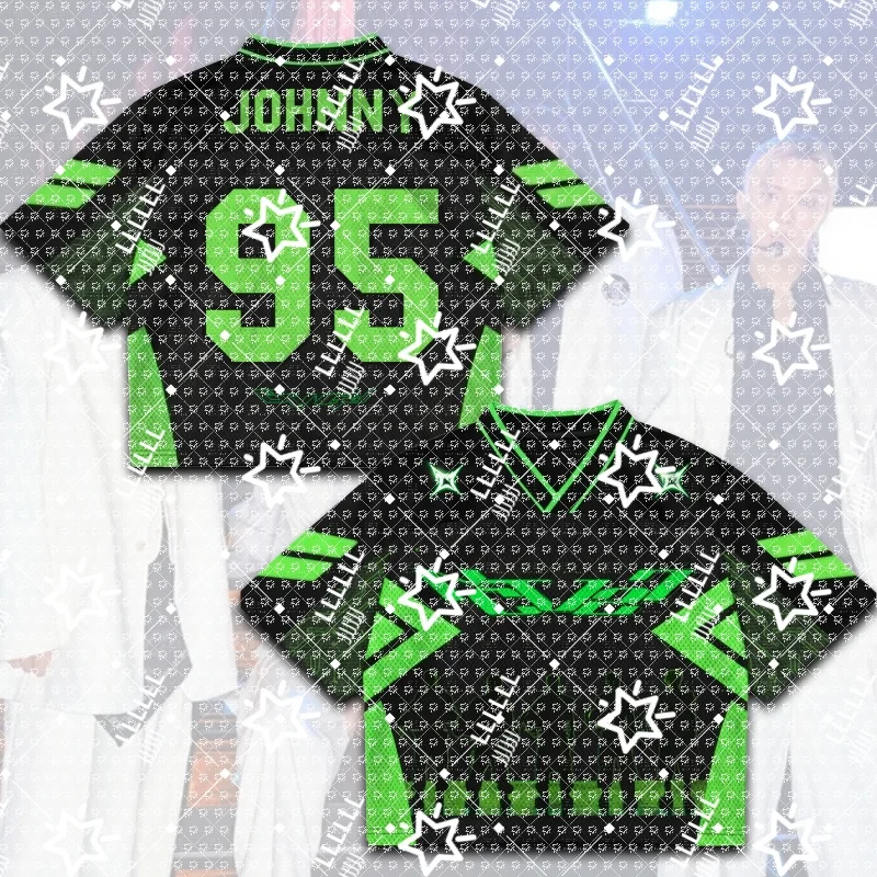 Women K-Pop Cropped Football Jersey Black Neon Green Geometric V-Neck Short Sleeve Crop Top Number 07 Fan Concert Streetwear
