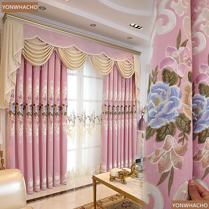 embroidery flower Korean garden pink cloth blackout curtain valance B821