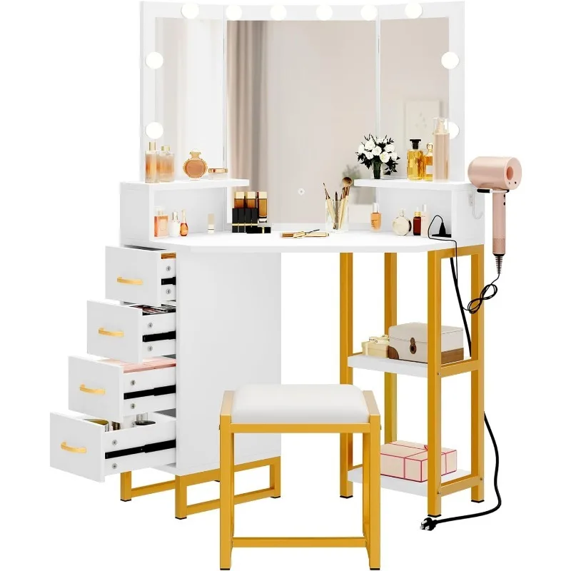 

White Vanity Desk with Mirror and Lights,Power Outlet, 3 Color Options, Storage Drawers, Shelves, Stool - White