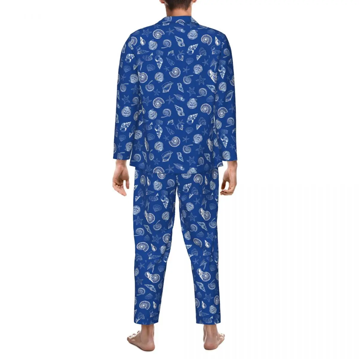 Pyjama Mannen Zeeschelpen En Zeester Dagelijkse Nachtkleding 2-delige Casual Pyjama Set Lange Mouwen Zachte Oversized Thuis Pak