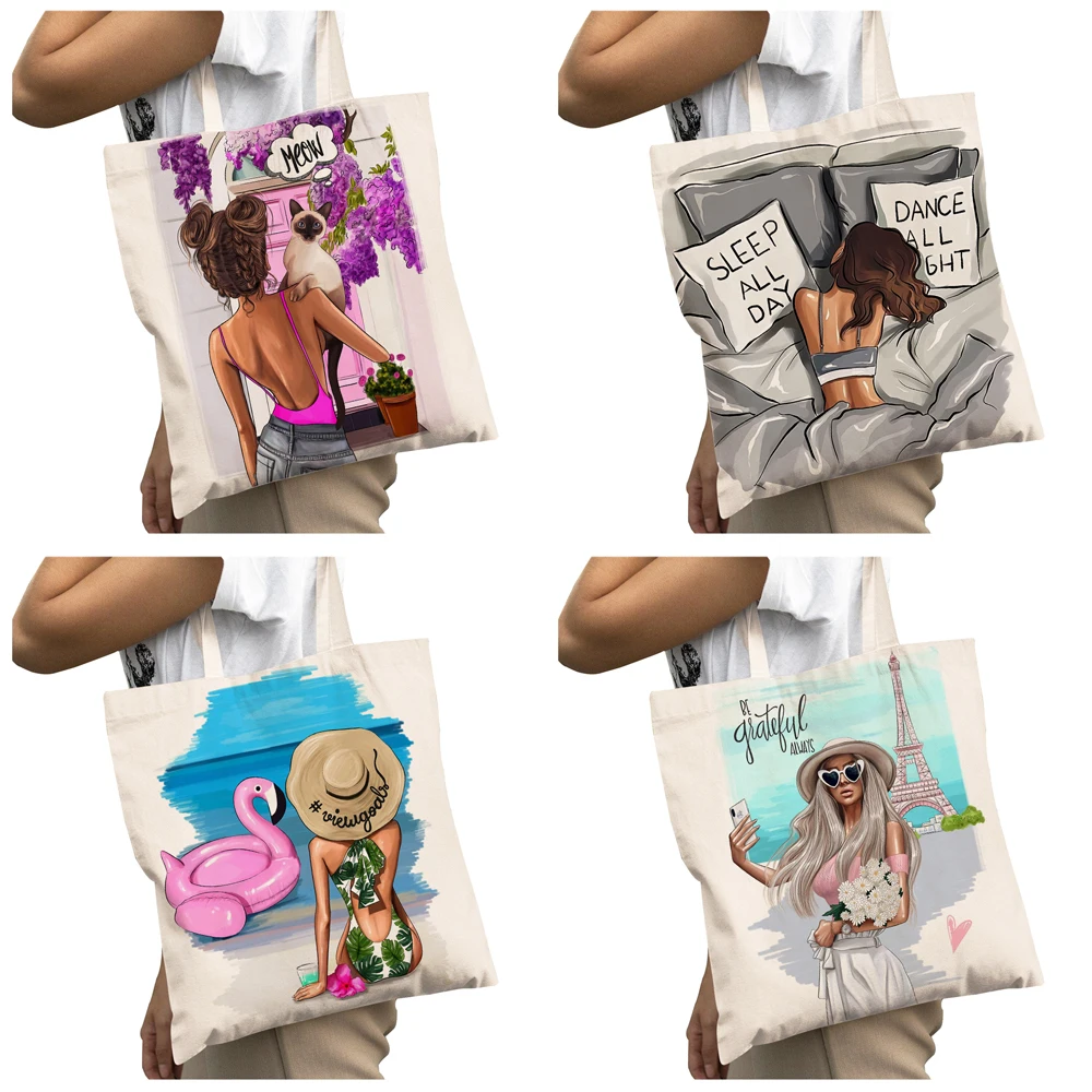 Casual Super Mama  Big Capacity Shopper Bag Fashion Cartoon Lady Canvas ECO Student Tote Handbag Women Shopping Bags