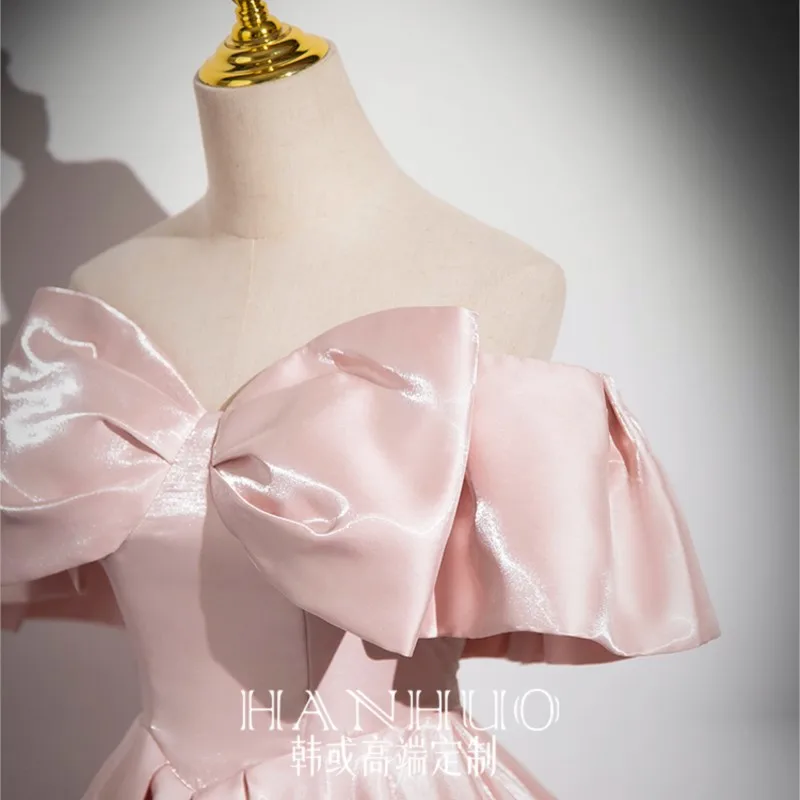 One line shoulder pink satin toasting new light luxury dress