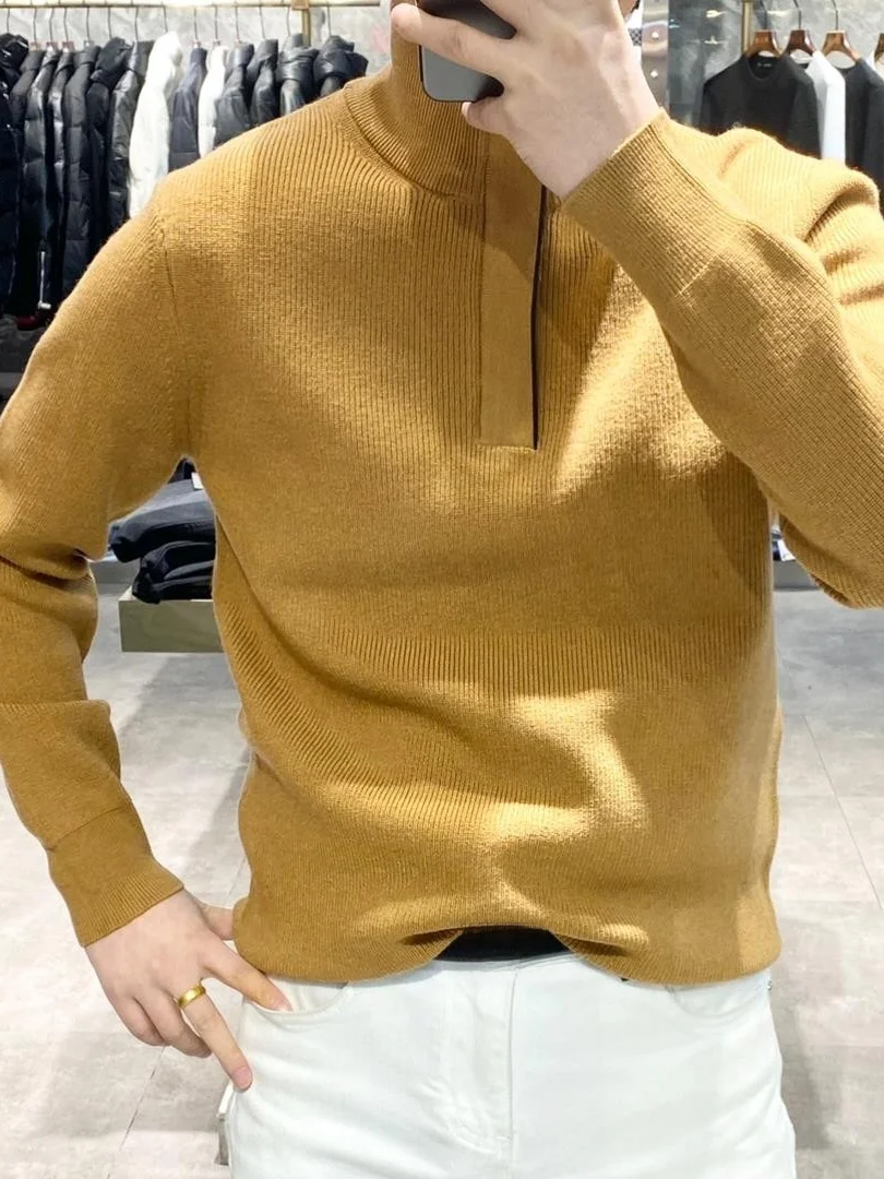 

High Quali Zipper f High Collar Color Long Sve Knitted Sweater Men Slim Fit Thiened Base irt Faion Urban ...