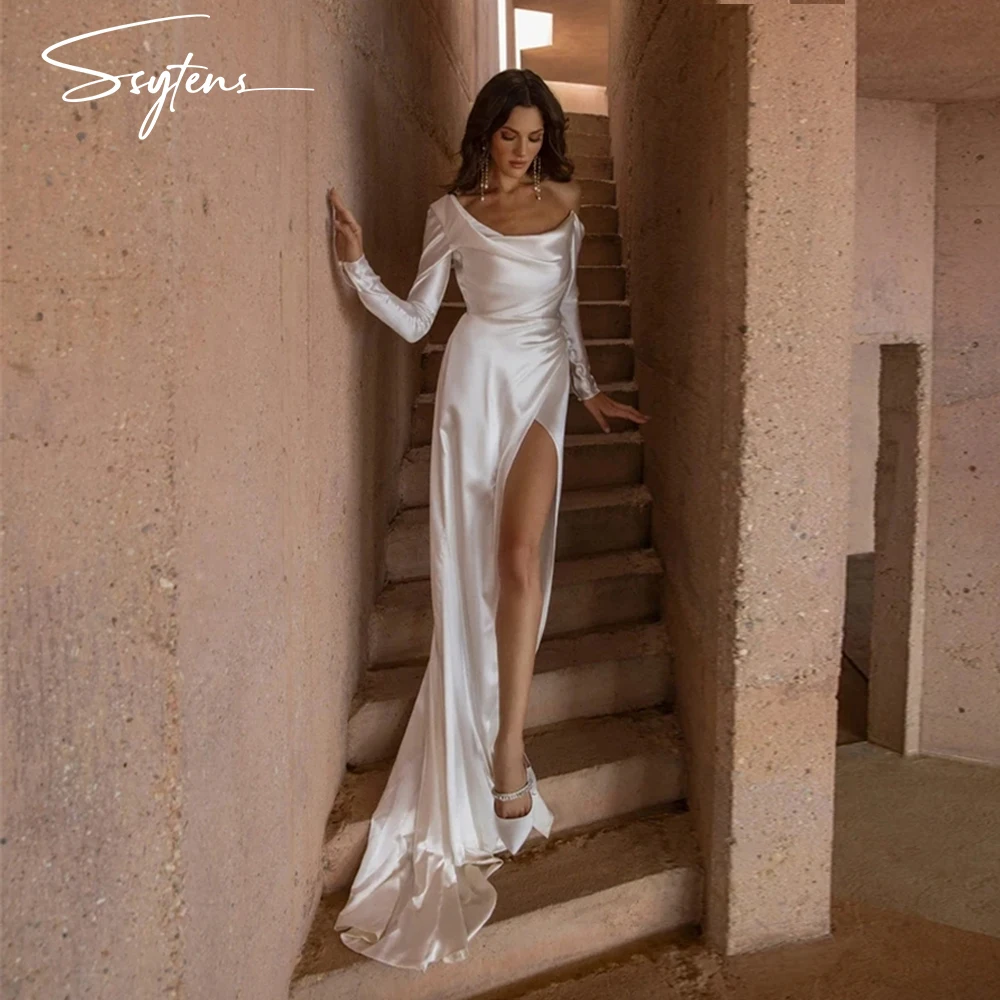 Eleganti abiti da sposa a sirena semplici 2024 maniche lunghe abito da sposa da spiaggia con spacco laterale abiti da sposa con spalle scoperte Robe De Soirée