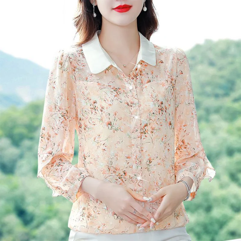 Summer Fashion Elegant Floral Printing Long Sleeve Chiffon Shirt Ladies Temperament Single Breasted Blouse Female Cardigan Top