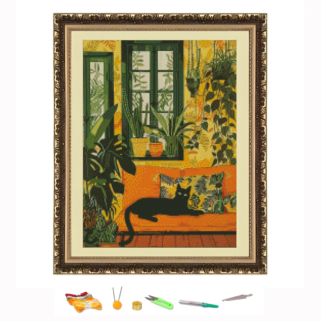 

Cross Stitch Embroidery Kit Cat In Living Room Landscape Thread Drawing DIY Needlework Kit Decorate Printed on Canvas11CT