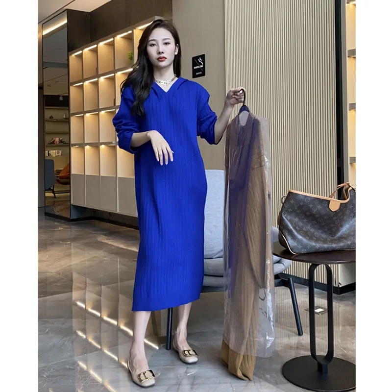 

Pullover sweater 2023 autumn solid striped solid color all-match thin temperament casual hooded dress long sleeve sweater women