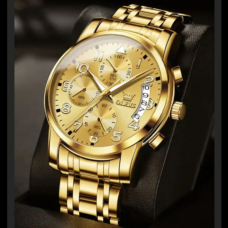 

OLEVS Gold Watch For Men Luxury Top Brand Luminous Waterproof Steel Sport Chronograph Multifunction Fashion Men's Quartz Watch