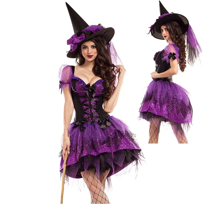 Multiple Carnival Halloween Lady Purple Elegant Witch Costume Cute Tuxedo Magic Sorceress Playsuit Cosplay Fancy Party Dress M17