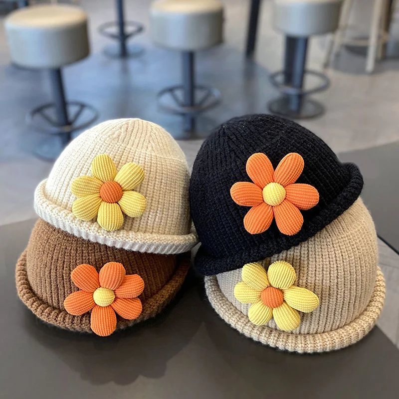 

3D Flower Baby Knit Hat Curled Edge Infant Basin Cap 6-24Month Girls Kids Winter Warm Woolen Pullover Cap Sweet Children Beanies
