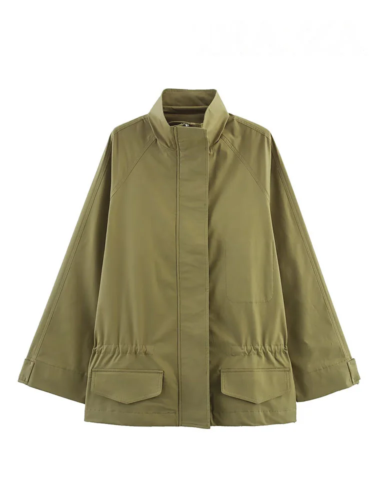 HH 女性秋ルーズコートファッションジッパーボタンポケットデザイン長袖ハイカラーコート女性シックなストリートスタイルジャケット