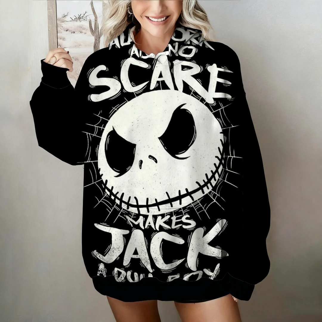 هوديي نسائي The Nightmare Before Christmas Jack Skellington طباعة دافئة للخريف والشتاء على طراز الشارع مظهر يومي غير رسمي