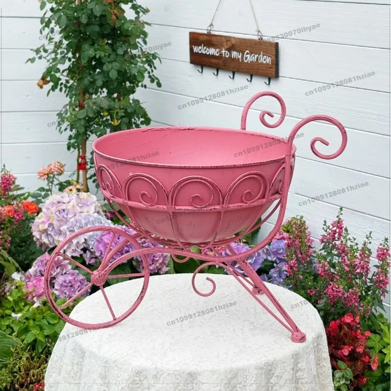 Flower Pot Outdoor Wrought Iron Courtyard, Trolley Decorative Garden, Outdoor Terrace Balcony Flower Stand Creative Installation