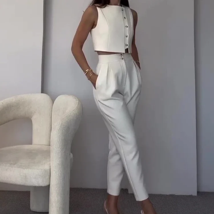 Vest Tops Two Piece Sets Women Pants Set Round Neck Sleeveless White Button High Waist Wide Leg Long Pants Slim Fit Elegant