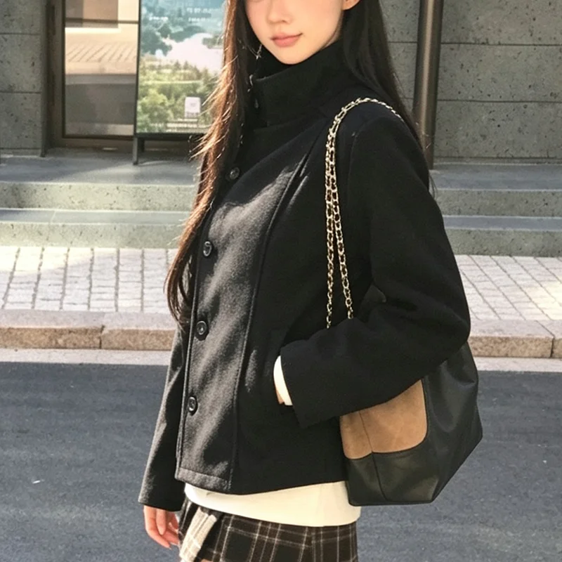 Japanese And Korean Style Black Blended Jacket Women's Stand Collar Slanted Button Slim Fit Cut Jacket Casual Commuting Coat