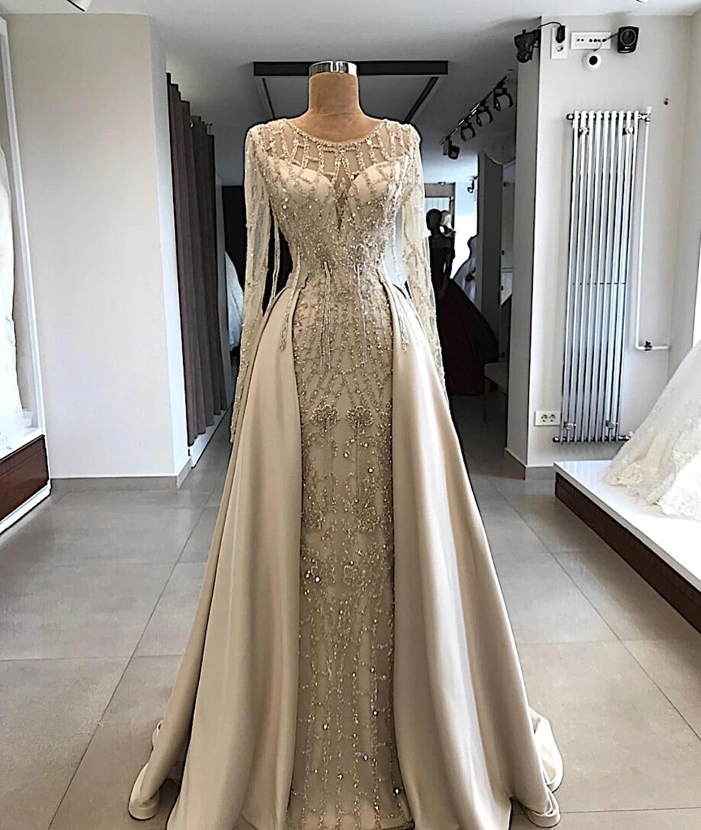 

Full Sleeves Beading Evening Dresses Luxury Sequin Mermaid Muslim Illusion Arabia Formal Party Prom Gown Vestido Customized
