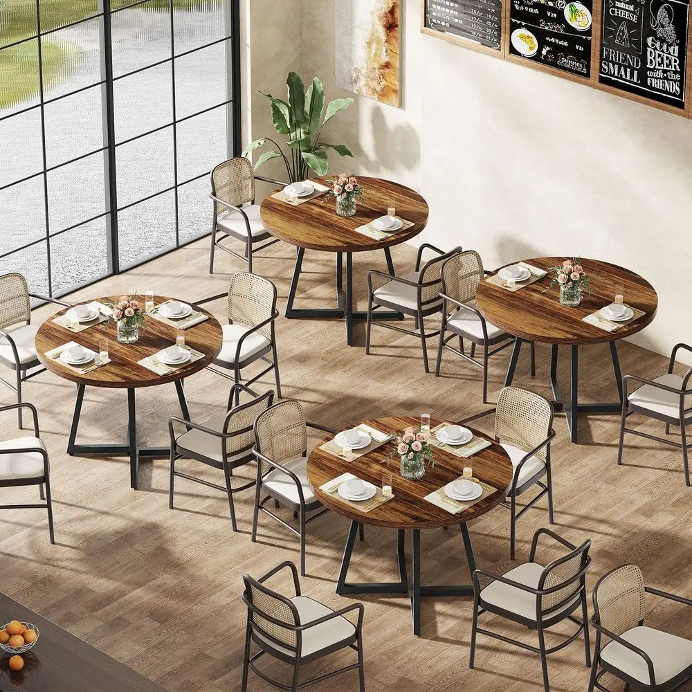 

Round Commercial Dining Table Set of 4, 31.5 Heavy Duty Dinner Table with Metal Base, Wooden Kitchen Table for Restaurant, Cafe