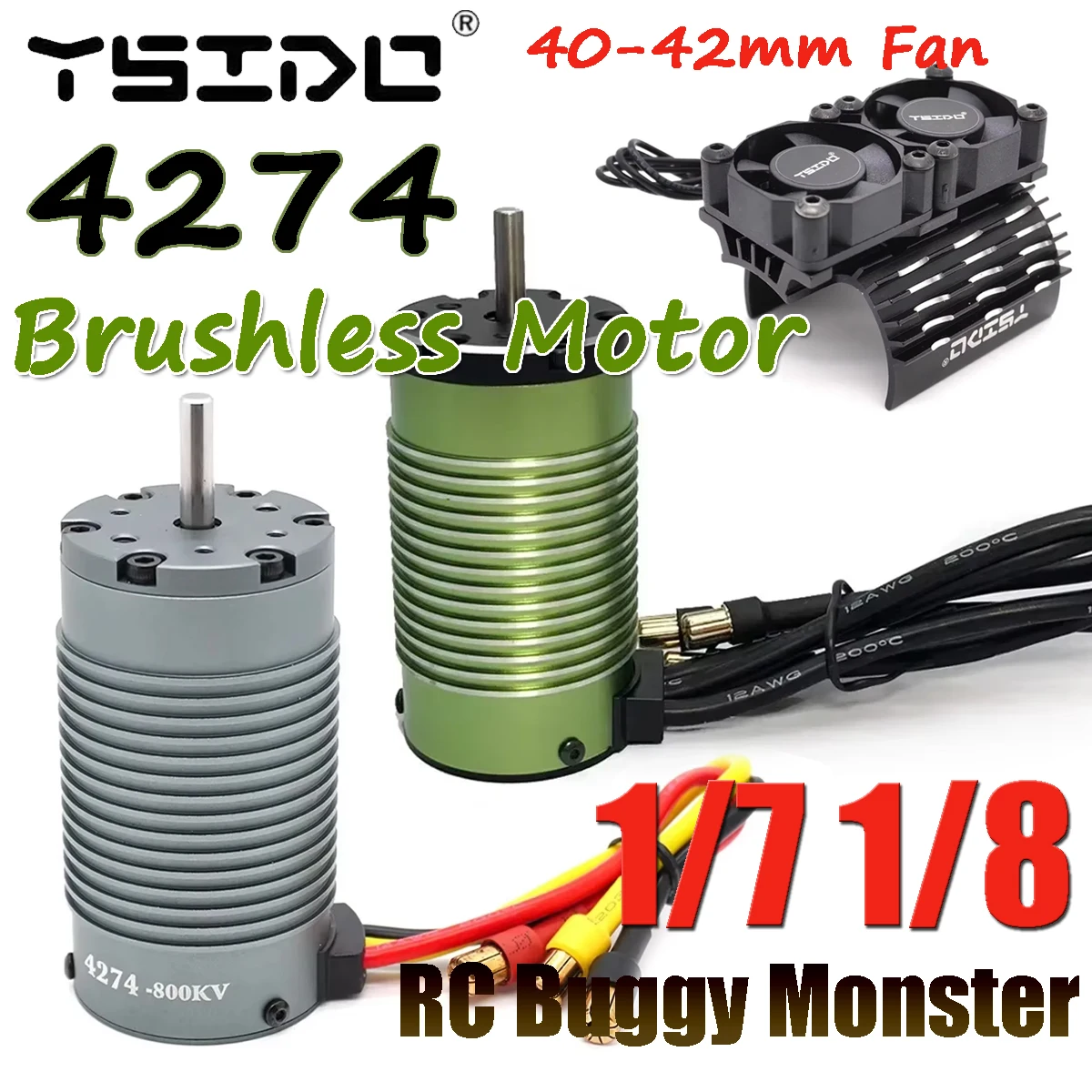 YSIDO 4274 800KV 1700KV 2200KV 2600KV Brushless Motor & 40-42mm Dual Fan Cooling Fan for ARRMA TRAXXAS 1/7 1/8 RC Buggy Monster