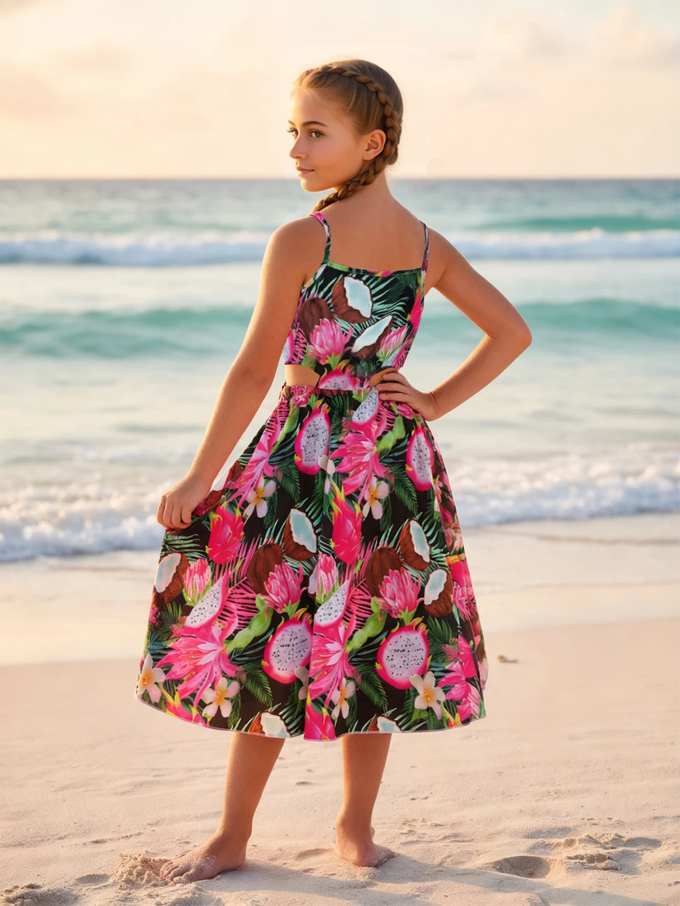 Summer Girls Dress Tropical Floral PrintSpaghetti Strap Beach Long Dress Boho / Hawaiian Party Kids Clothing 5-12 Years