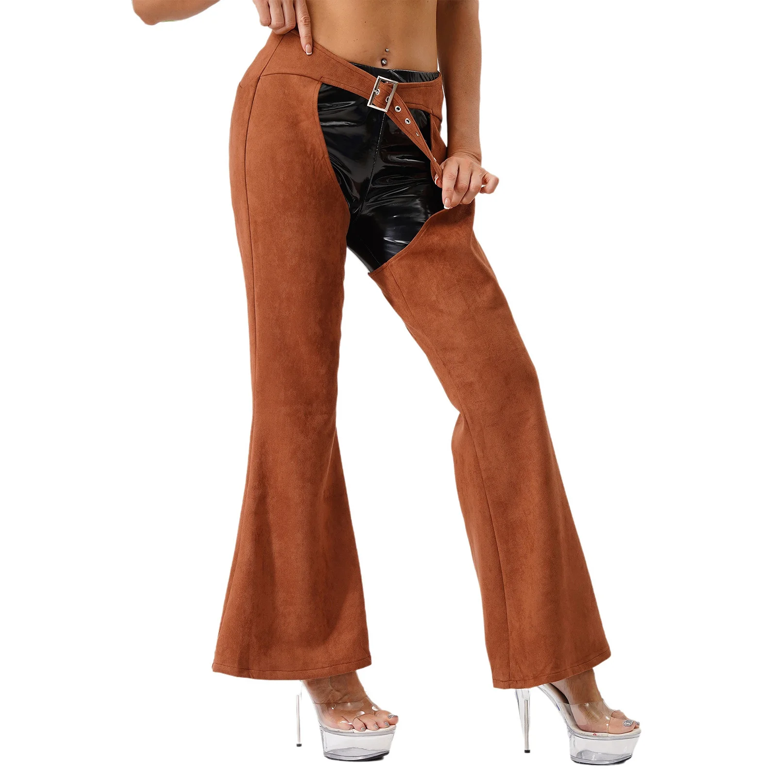 النساء خمر راعية البقر الغربية الفصول السراويل قابل للتعديل الخصر الجوف خارج كاوبوي السائق السراويل واسعة الساق السراويل لركوب الدراجات النارية #2