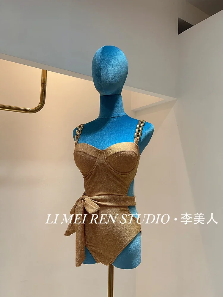 New Shiny Thin Film with Sexy Temperament, High end Gathering Steel Bracket Connection Female swimsuit