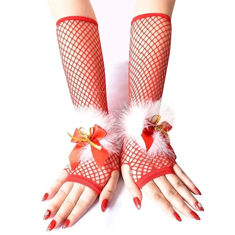 

Cute bell Christmas Bow Fishnet Decorative Gloves And Stockings Red Decorative Christmas Party Medium-Sized Fingerless Gloves