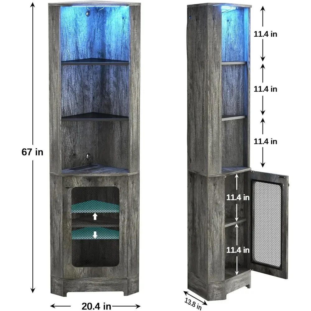 Canto Bar Cabinet com luz LED e Power Outlet, Industrial Wine Cabinet com suporte de vidro, 5-Tier Tall Corner Cabinet