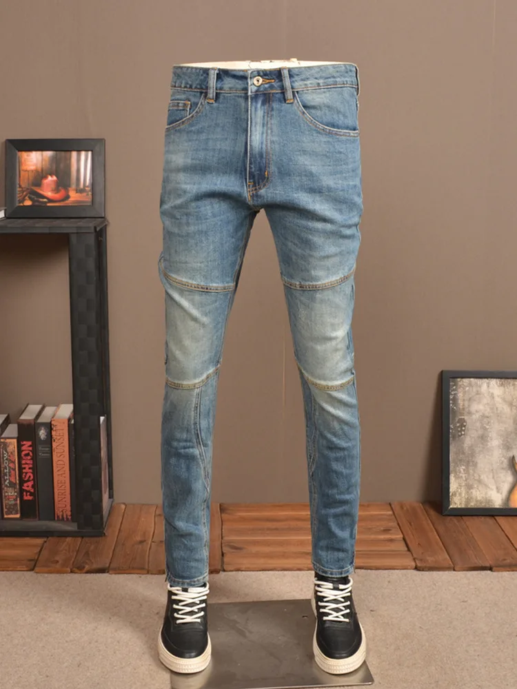 Spring and Autumn Stitching Jeans Men's 2024 New Fashion Stretch Slim High-End Machine Car Style Leisure Washed-out Men's Pants