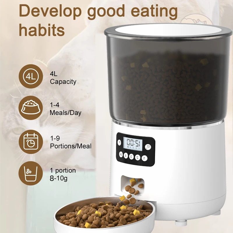 Newly Designed Intelligent 4L Cat and Dog Bowl Food Dispenser, 4-Meal Timed Pet Automatic Food Feeding Device