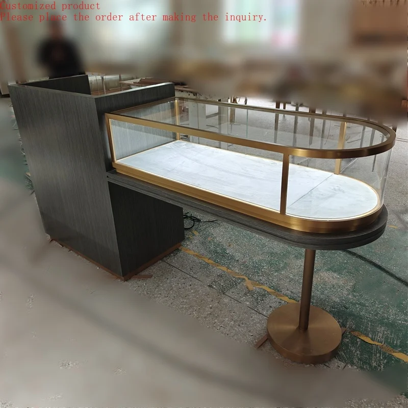 

Custom.Custom Glass Jewellery Display Cabinet Trendy Stainless Steel Furniture Led Lighting Lockable Jewelry Shop Showcase