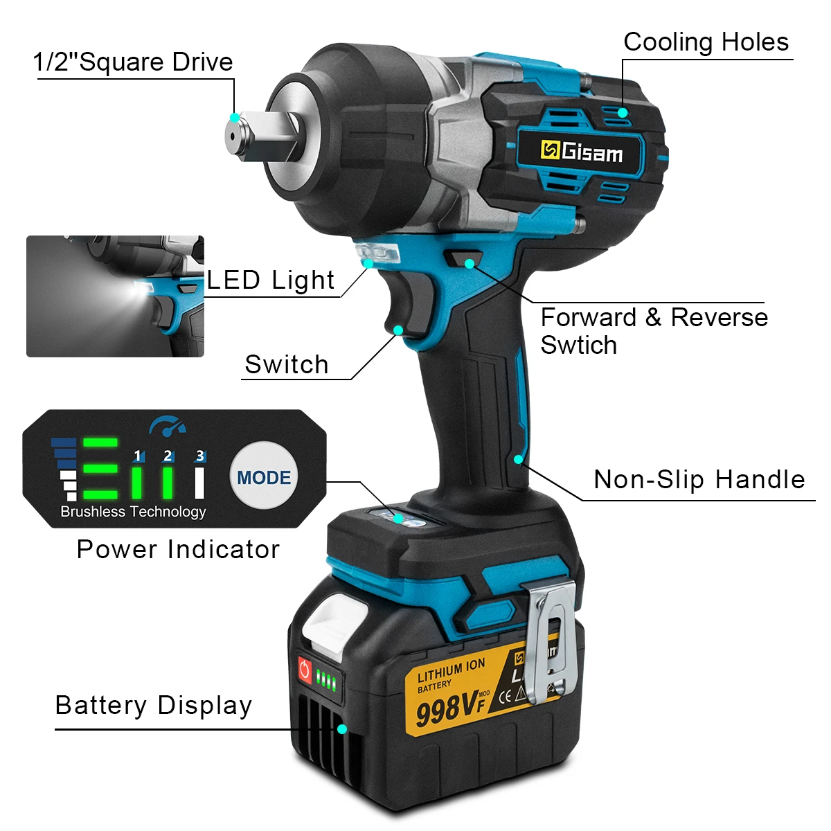 Gisam 2800N.M 토크 브러시리스 전기 임팩트 렌치 Makita 18V 배터리 핀용 1/2 인치 스크루 드라이버 무선 렌치 전동 공구