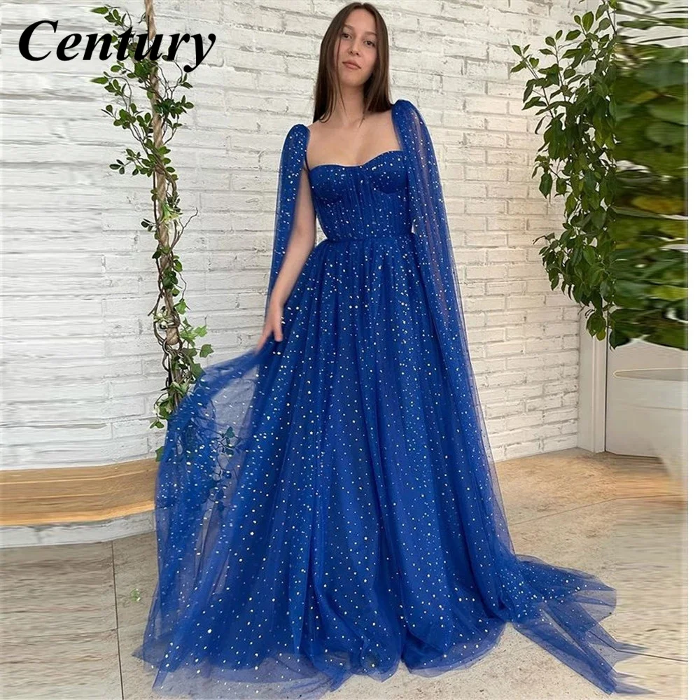 

Century Royal Blue A-Line Prom Dress Sparkly Stars Tulle Prom Dress Sweetheart With Long Cape Sleeves Evening Gowns Party Dress