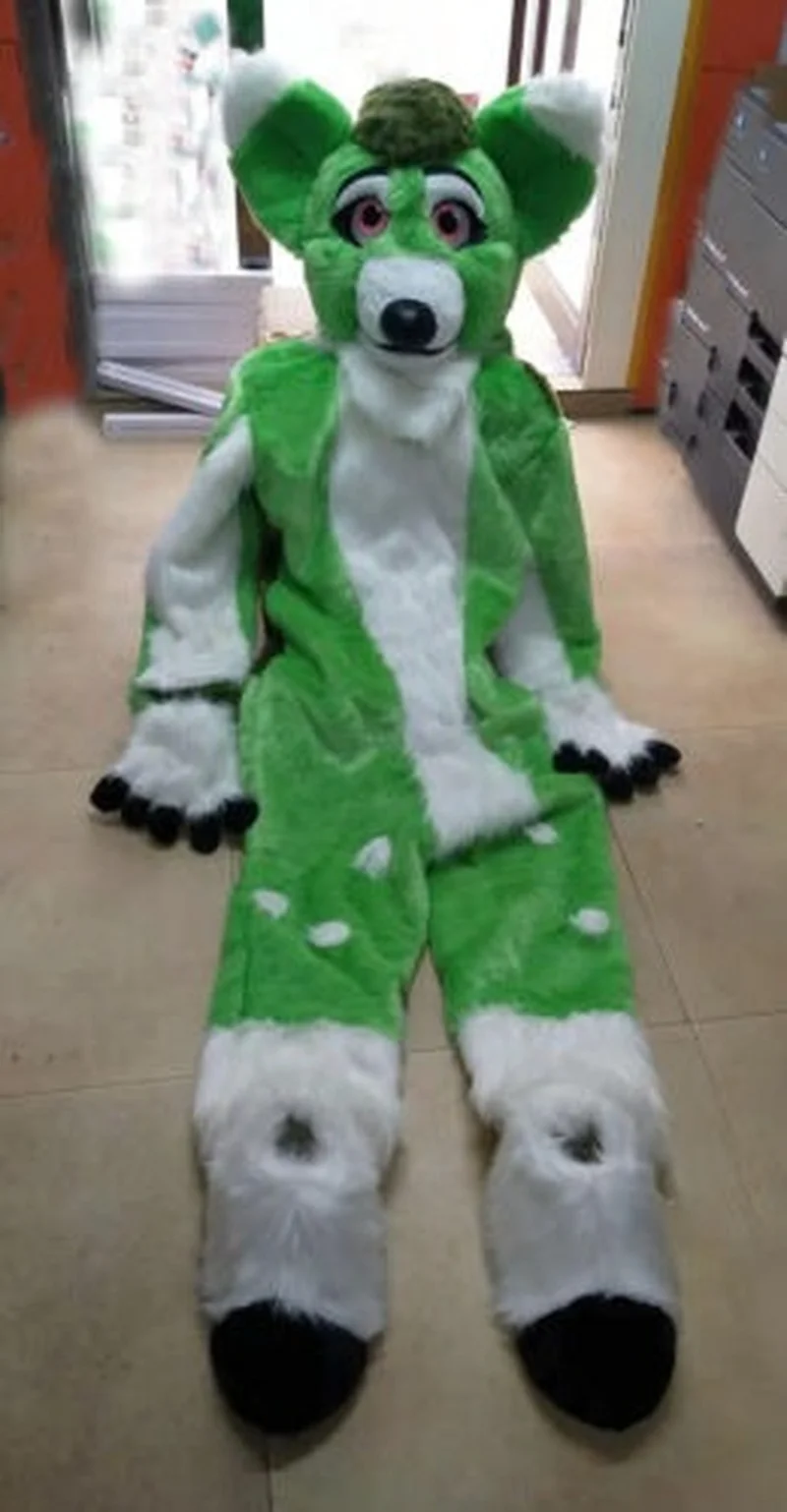 Green Husky Fox Mid-length Fur Mascot Costume Walking Halloween Christmas Large-scale Event Suit Cosplay